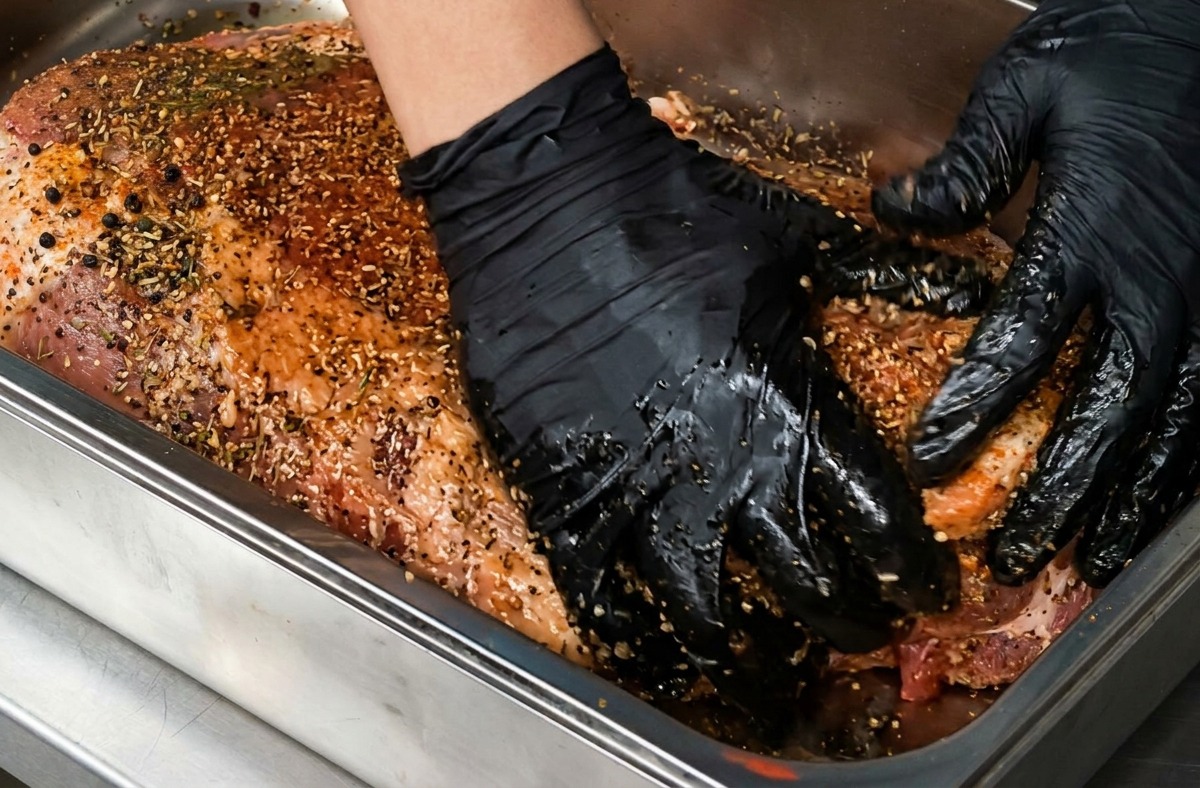 Des mains gantées de noir appliquent une épaisse couche de poivre noir grossier et dépices sur un grand morceau de poitrine de bœuf crue dans un plateau métallique.