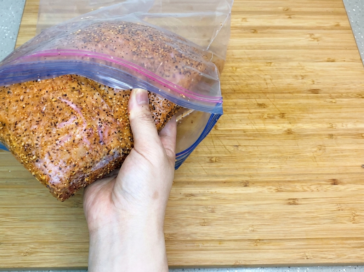 Une main plaçant la poitrine de bœuf bien assaisonnée et enrobée dépices dans un grand sac de congélation en plastique transparent sur une planche à découper.