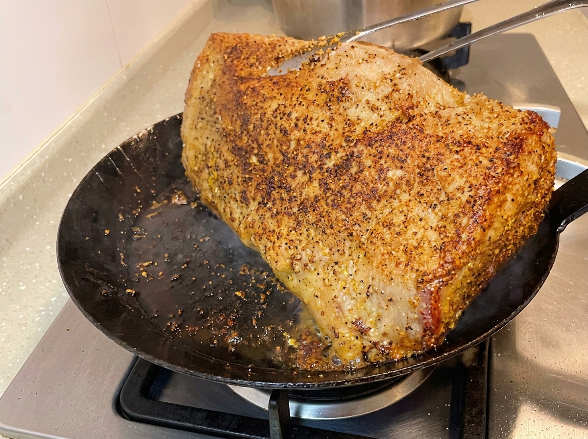 Une pince de cuisine soulevant et retournant un épais morceau de poitrine de bœuf dans une poêle chaude, révélant une surface bien dorée et crépitante.