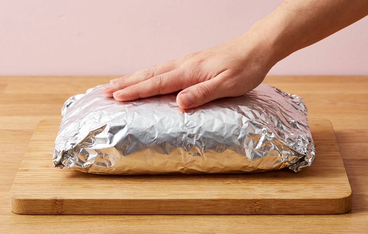 Une main appuyant fermement sur les bords dun plat de cuisson soigneusement enveloppé de papier daluminium sur une planche en bois.
