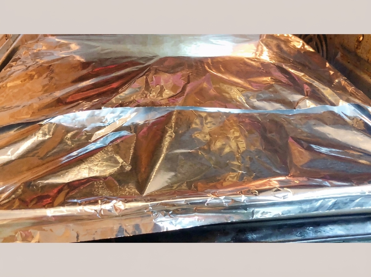 Un plat de cuisson emballé de manière sécurisée dans du papier daluminium épais, posé sur la grille dun four domestique éclairé.