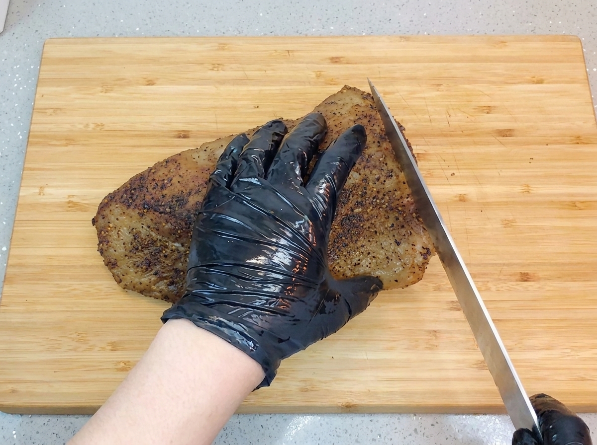 Une main gantée stabilisant un morceau de poitrine de bœuf cuit sur une planche en bois tout en le coupant en fines tranches avec un grand couteau de chef.