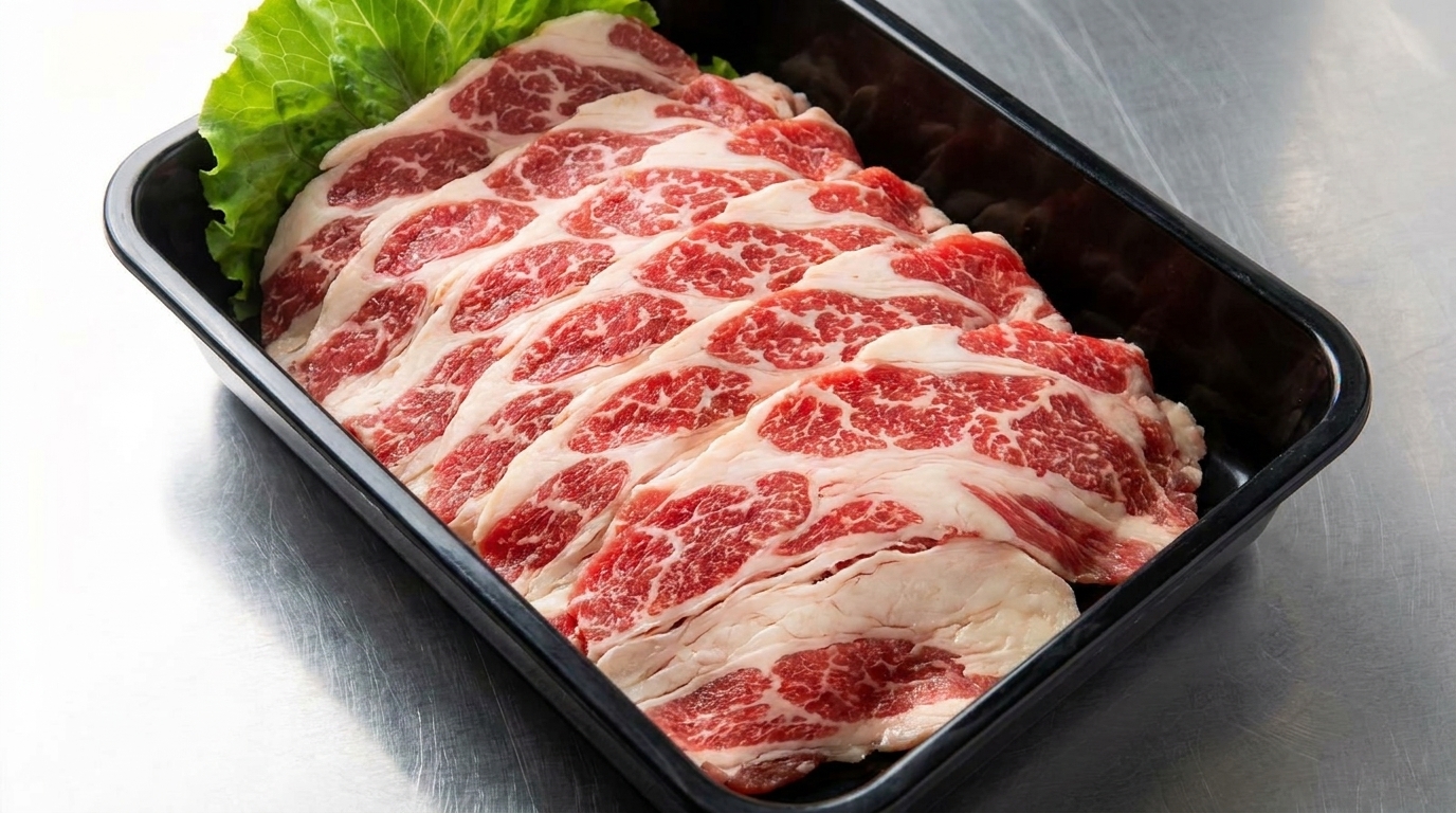 Un plateau noir présentant de fines tranches de poitrine de bœuf marinée, prêtes à être grillées.
