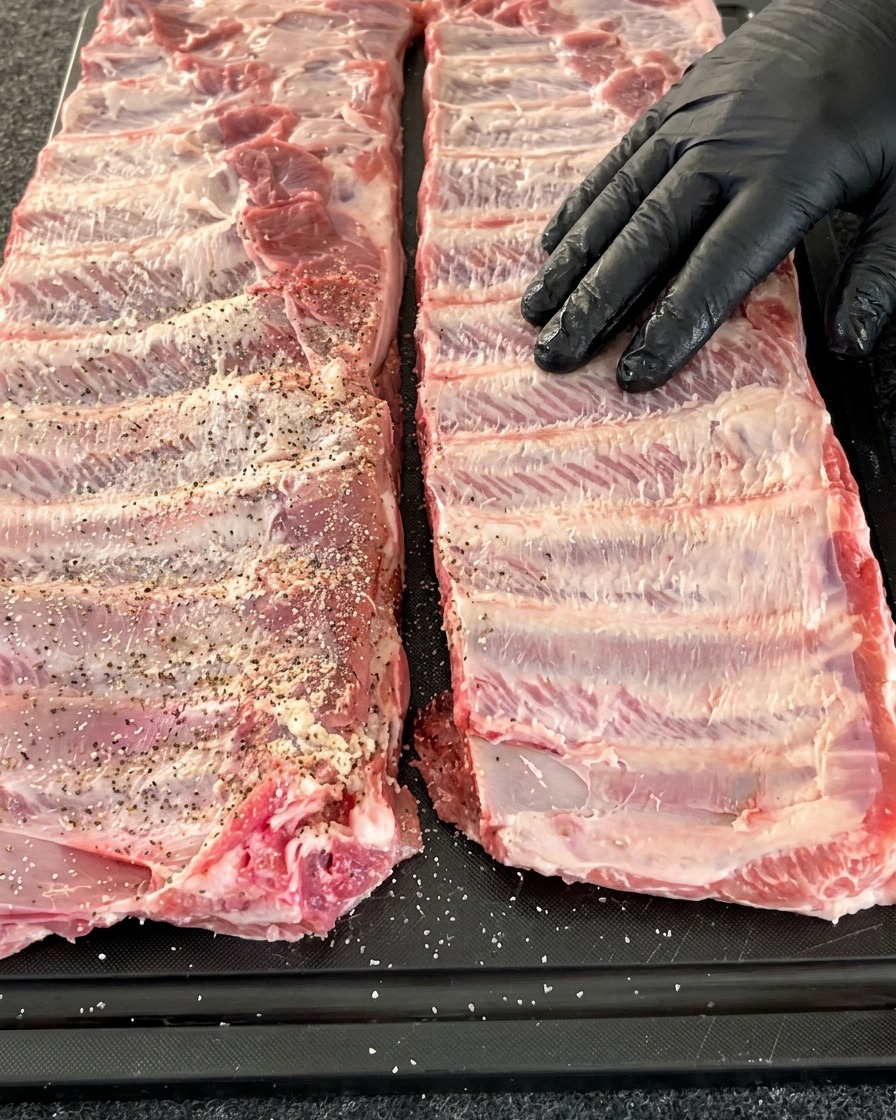 Un travers de porc posé à plat sur une surface sombre, saupoudré délicatement dun mélange de sel, de poivre et dail sur le côté des os.