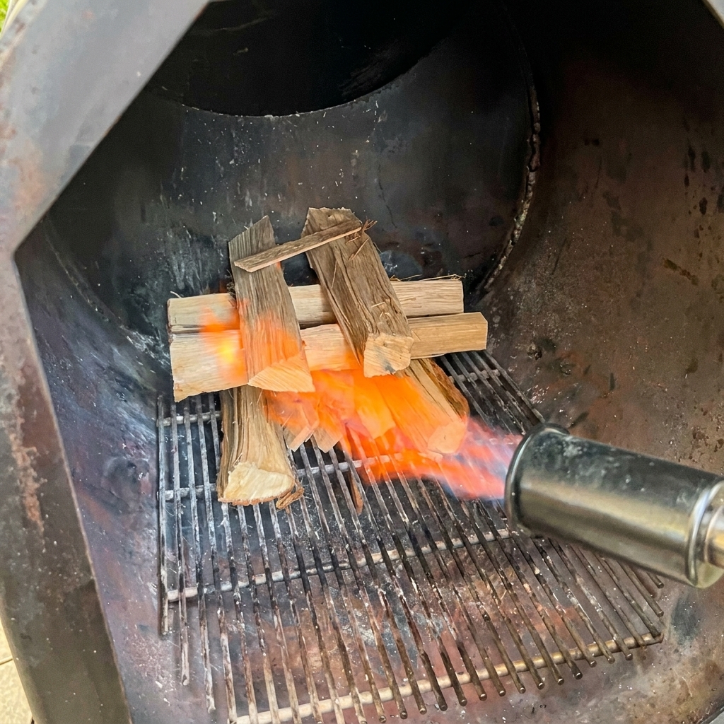 Une torche au propane projetant une puissante flamme orange directement sur un empilement croisé de bûches de chêne à lintérieur de la boîte à feu dun fumoir en acier noir.