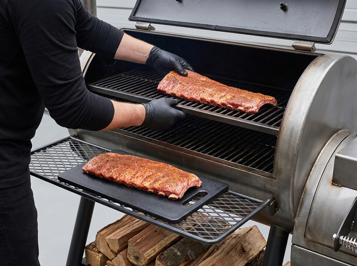 Une personne portant une chemise noire à manches longues et des gants noirs dépose un travers de porc assaisonné sur les grilles coulissantes dun fumoir.