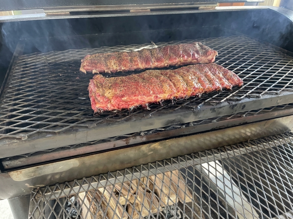 Deux travers de porc assaisonnés posés sur la grille en métal déployé dun fumoir ouvert doù séchappe une douce fumée.