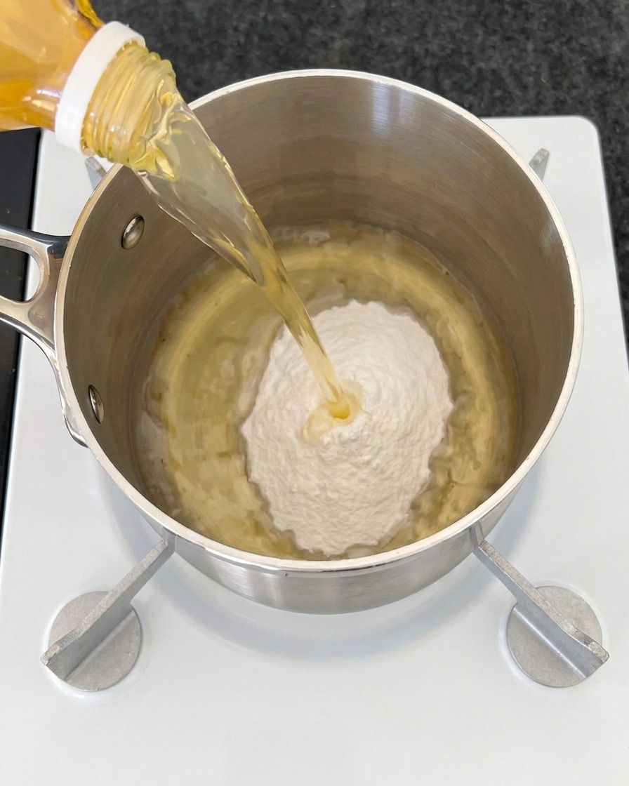 Du vinaigre de cidre ambré et transparent versé depuis une bouteille dans une petite casserole en métal sur un tas de poudre blanche.