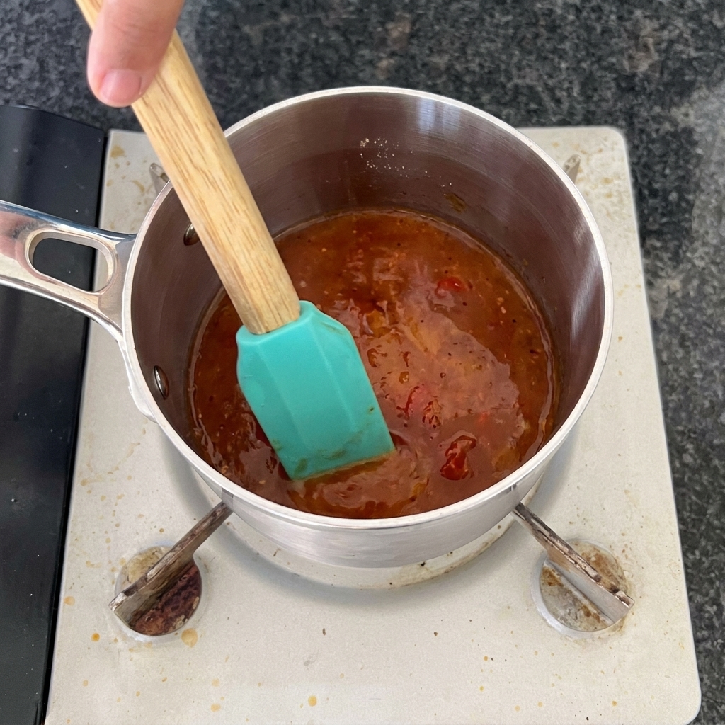 Une main remuant une sauce barbecue mop rougeâtre et bouillonnante dans une casserole en acier inoxydable à laide dune spatule turquoise.