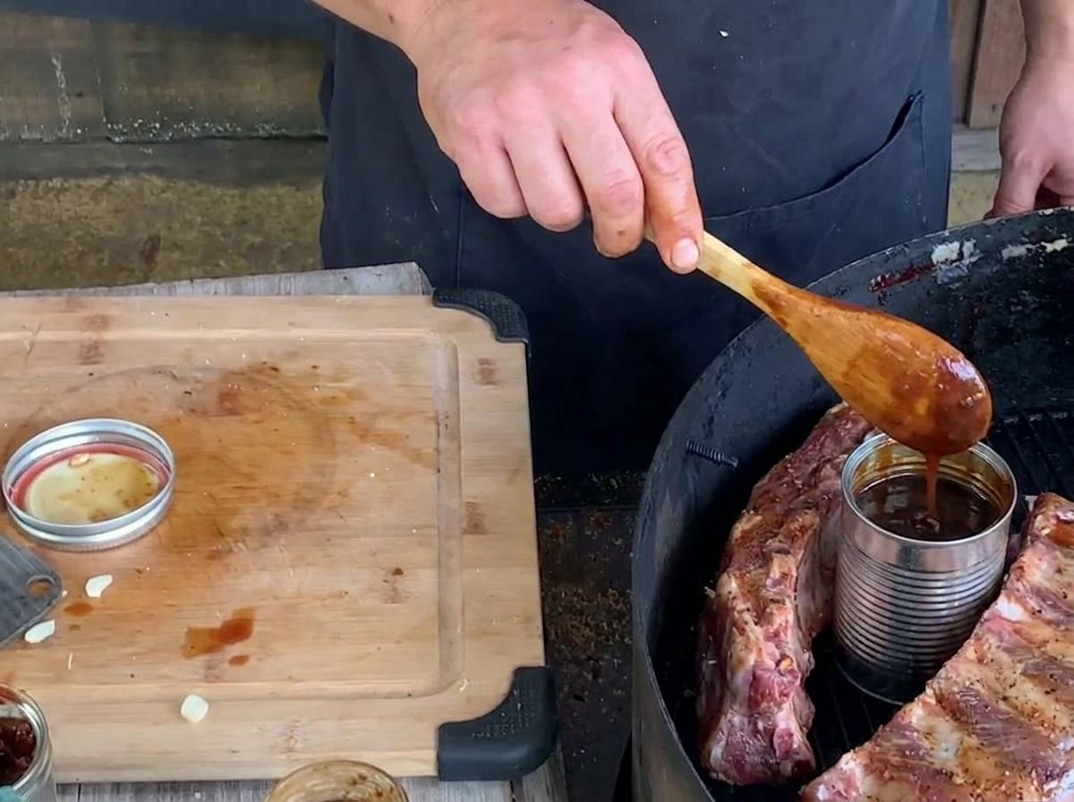 Une personne utilisant une cuillère en bois pour verser une sauce barbecue sombre aux myrtilles dans une canette placée à lintérieur dun panier de ribs sur le barbecue.