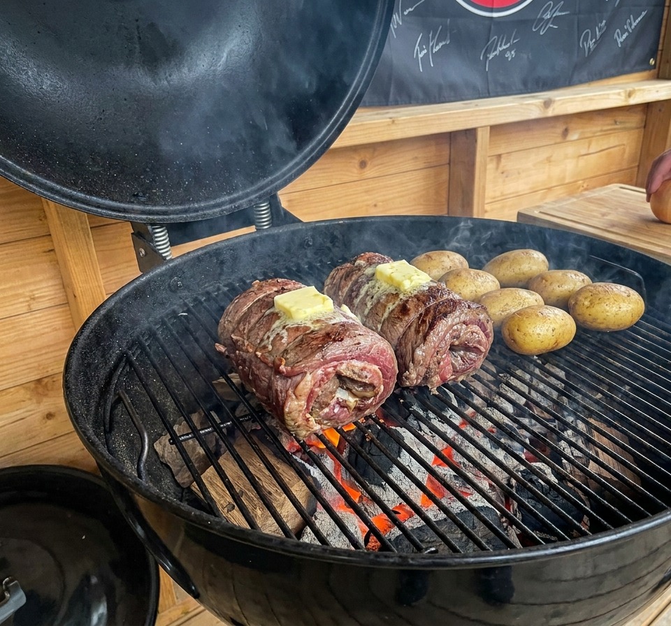 Deux paniers de viande surmontés de beurre fondant qui rôtissent sur un barbecue à charbon à côté de plusieurs pommes de terre entières.