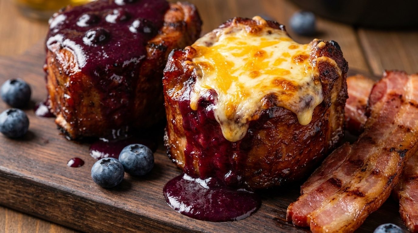 Deux paniers de ribs de porc caramélisés, nappés dune sauce barbecue brillante aux myrtilles et surmontés de fromage doré fondu, servis avec du bacon grillé épais.