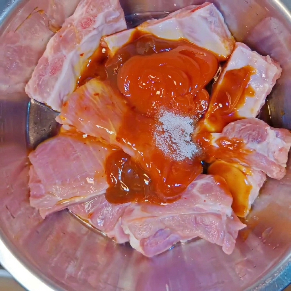 Travers de porc crus dans un bol en métal surmontés de diverses sauces, dune pincée de sel et de pâte dassaisonnement.