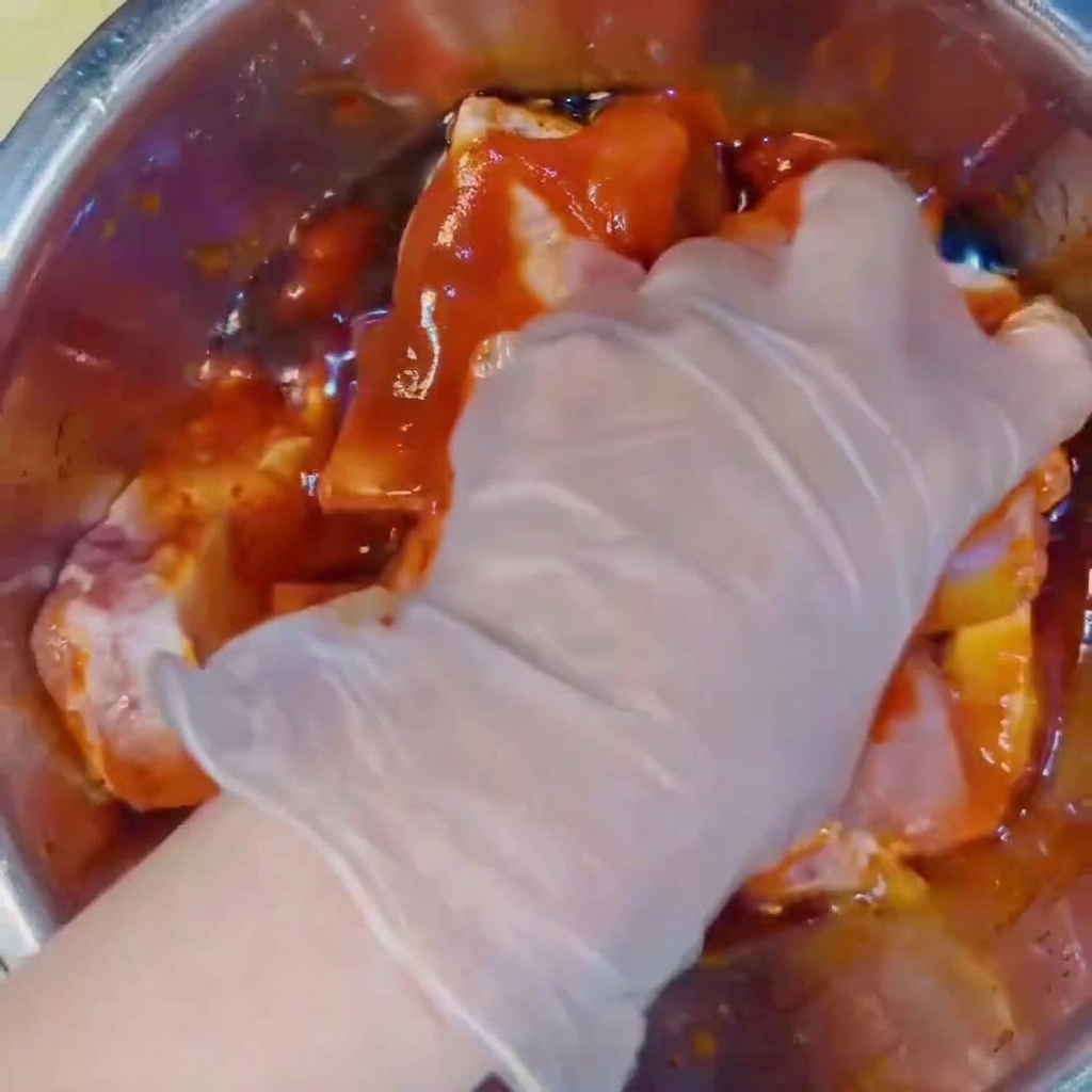 Une main portant un gant en plastique transparent mélangeant les travers de porc crus avec la marinade rouge dans un bol en inox.