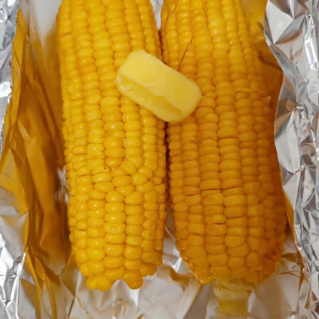 Une noix de beurre jaune fondant sur deux morceaux dépis de maïs doux chauds déposés sur du papier daluminium.