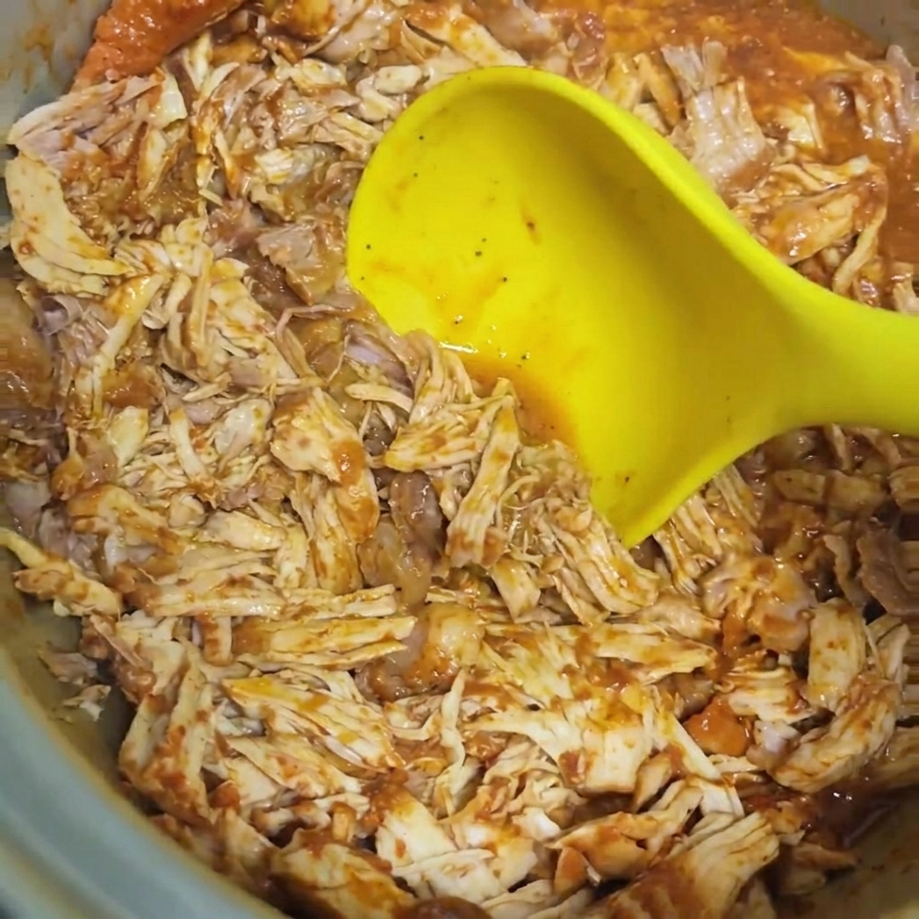 Du porc effiloché mélangé avec une sauce BBQ savoureuse dans une marmite à laide dune grande louche jaune.
