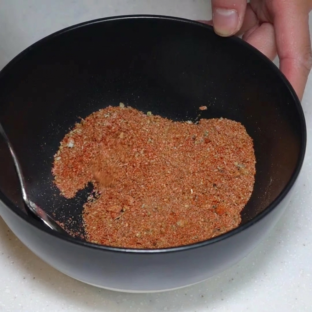 Une main mélangeant un assortiment dépices brun-rouge avec une cuillère dans un bol noir.