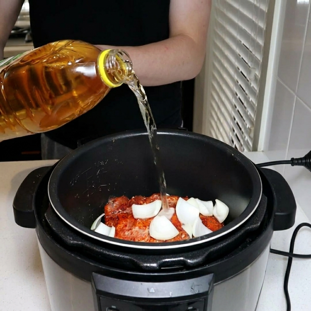 Un liquide doré versé depuis une grande bouteille en plastique dans la cuve dun autocuiseur contenant le porc et des morceaux doignon.