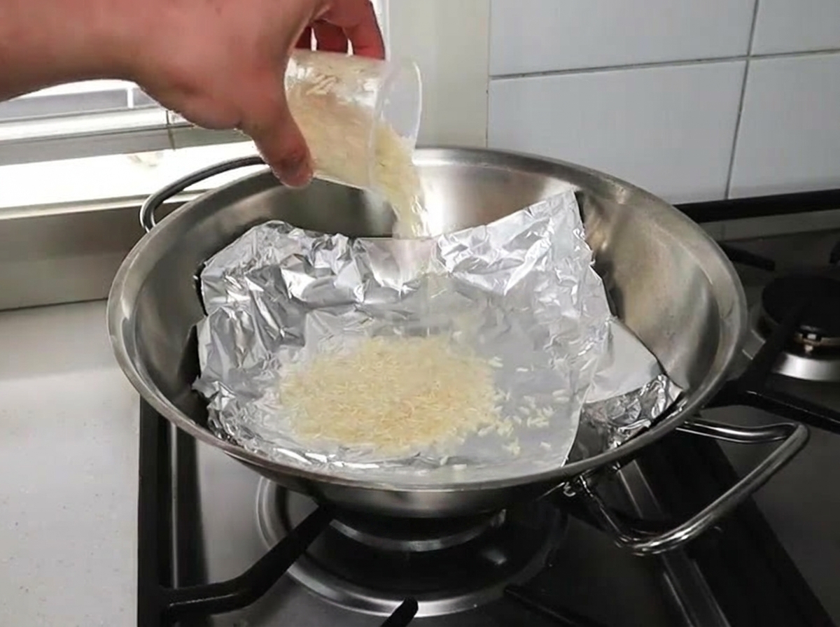 Une main versant du riz blanc depuis un gobelet en plastique sur une feuille de papier aluminium au fond dun wok.