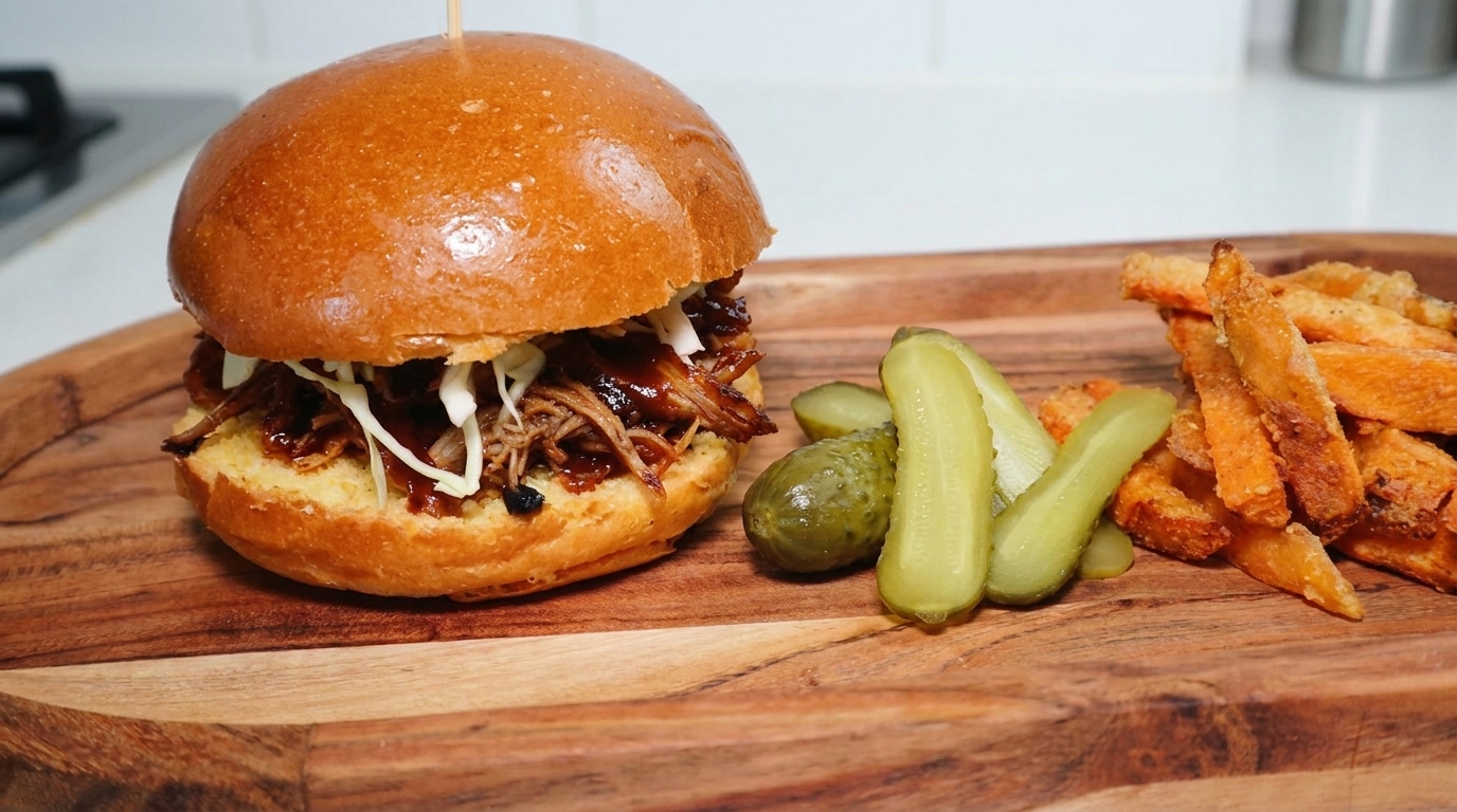 Un burger juteux au porc effiloché servi sur une planche en bois rustique avec des frites de patates douces dorées et des quartiers de cornichons.