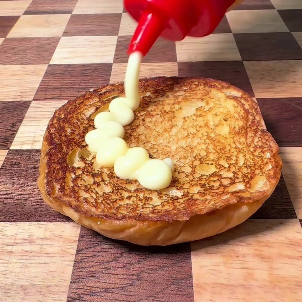 Mayonnaise versée depuis un flacon souple rouge sur un pain à burger toasté posé sur une surface quadrillée.