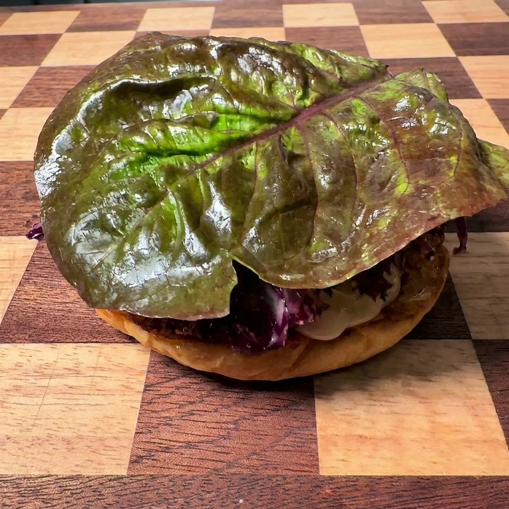 Une large feuille de laitue vert foncé déposée sur un pain à burger sur une planche à découper en bois quadrillée.