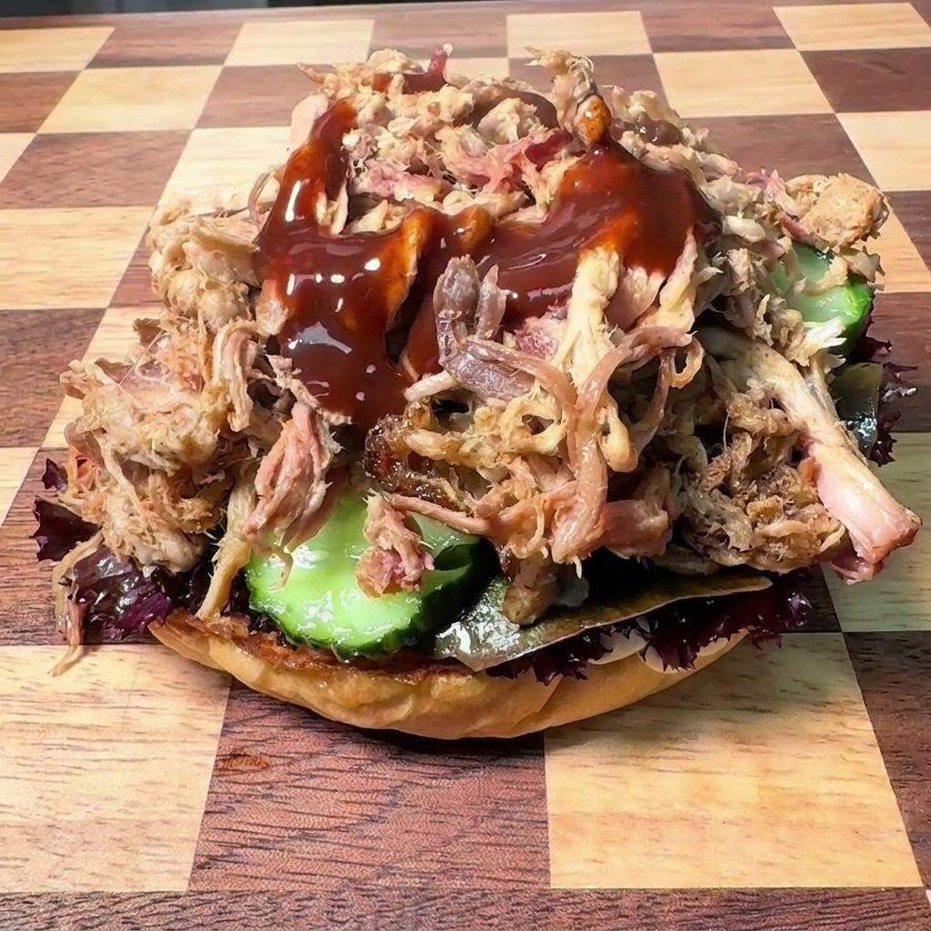 Sauce barbecue sombre et brillante nappant un dôme généreux de porc effiloché sur un pain à burger.