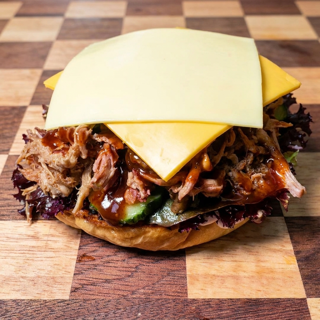 Tranches carrées de fromage jaune disposées proprement sur un burger au porc effiloché nappé de sauce barbecue.