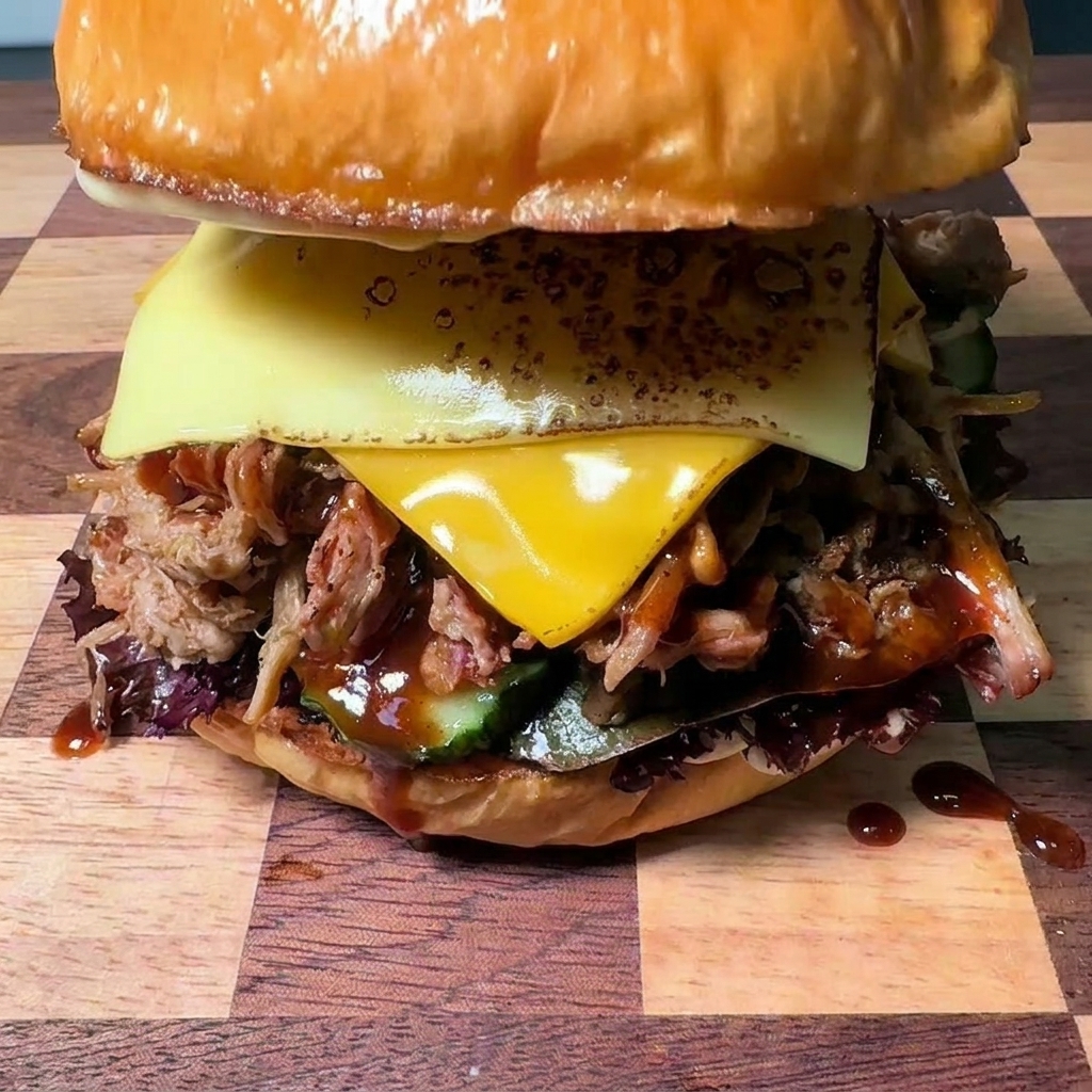 Un burger au porc effiloché généreusement garni recevant son chapeau de pain brioché doré et brillant.