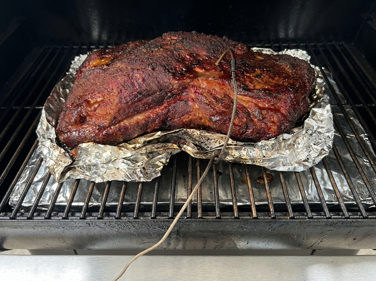Un grand morceau de porc assaisonné cuisant sur du papier daluminium à lintérieur dun fumoir en acier inoxydable avec une sonde de température insérée.