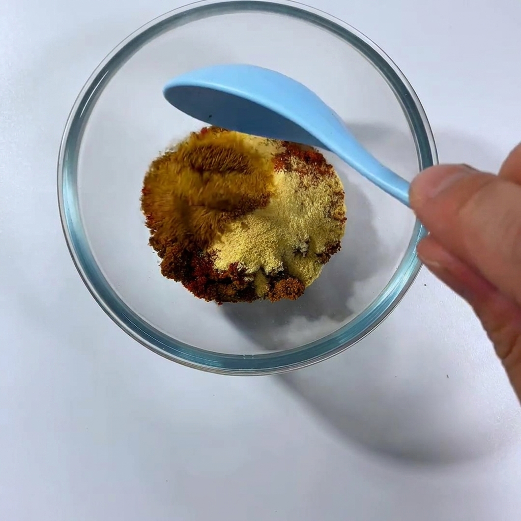 Un bol en verre contenant un mélange dépices colorées comme du paprika, de lail en poudre et de la cassonade, mélangé avec une cuillère bleue.