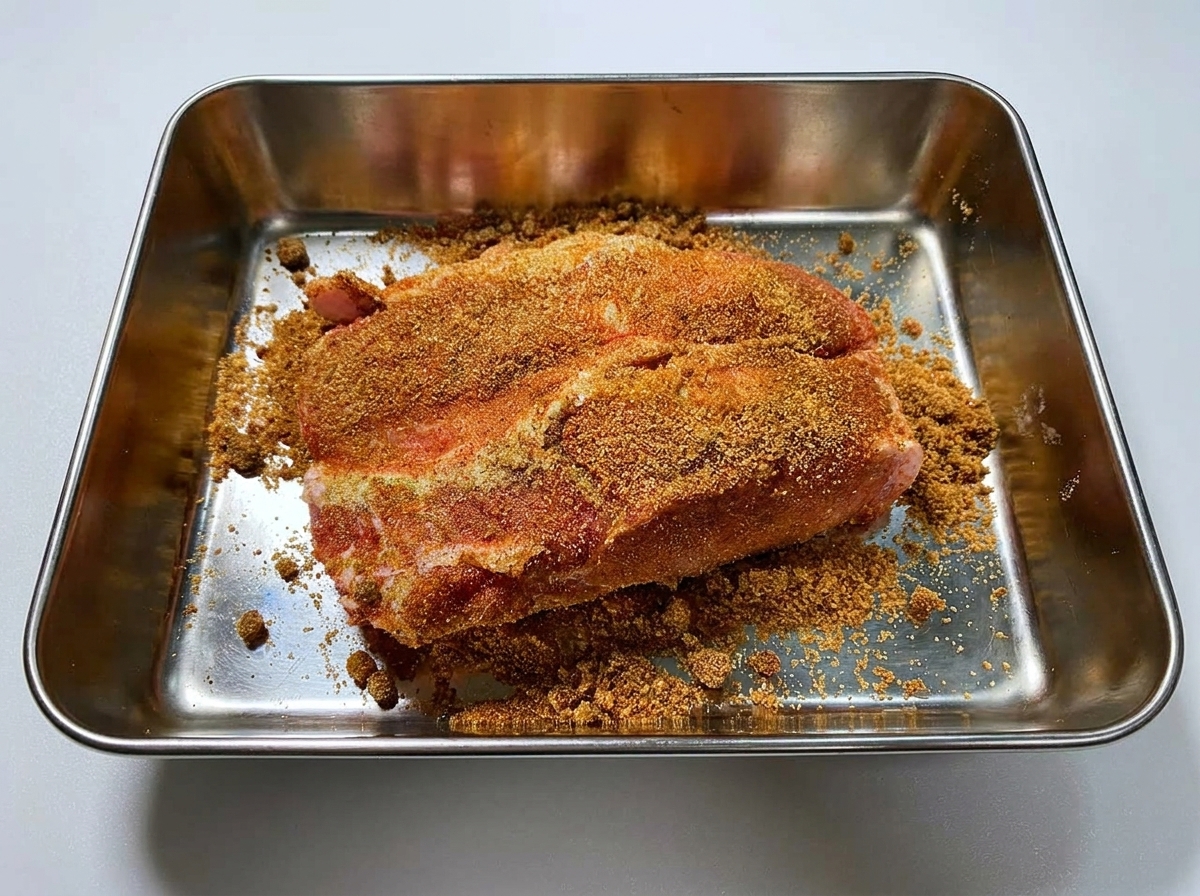 Un grand morceau dépaule de porc crue généreusement enrobé dun mélange dépices brun-rouge dans un plateau métallique.