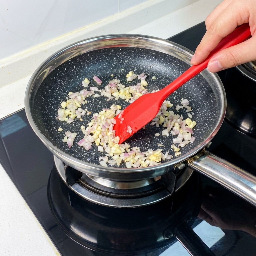 Oignons finement dés et ail émincé sautés dans une poêle à laide dune spatule rouge.