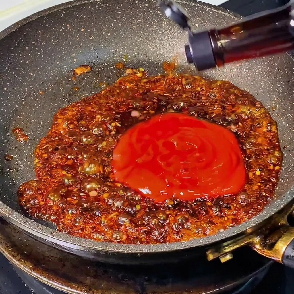 Ketchup rouge épais et sauces brunes ajoutés à un mélange doignons caramélisés frémissant dans une poêle.