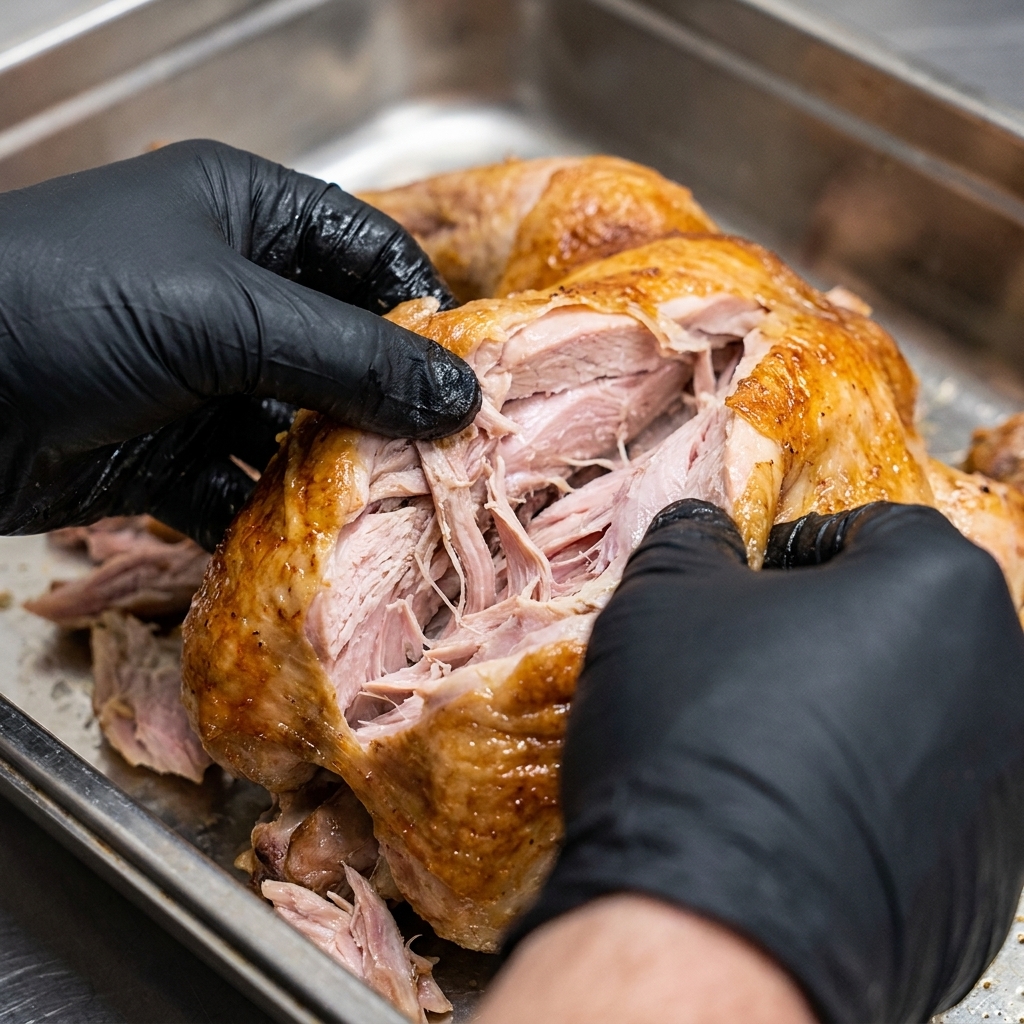 Vue rapprochée de mains gantées de noir effilochant un morceau de rôti de porc parfaitement cuit et succulent dans un plat en métal.