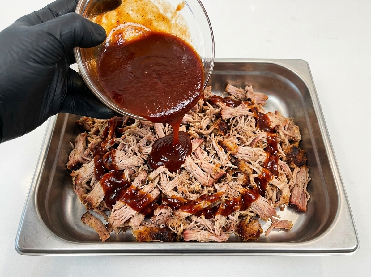 Une main gantée de noir versant une sauce BBQ sombre et épaisse depuis un bol en verre sur un tas de porc effiloché cuit dans un plateau en acier inoxydable.