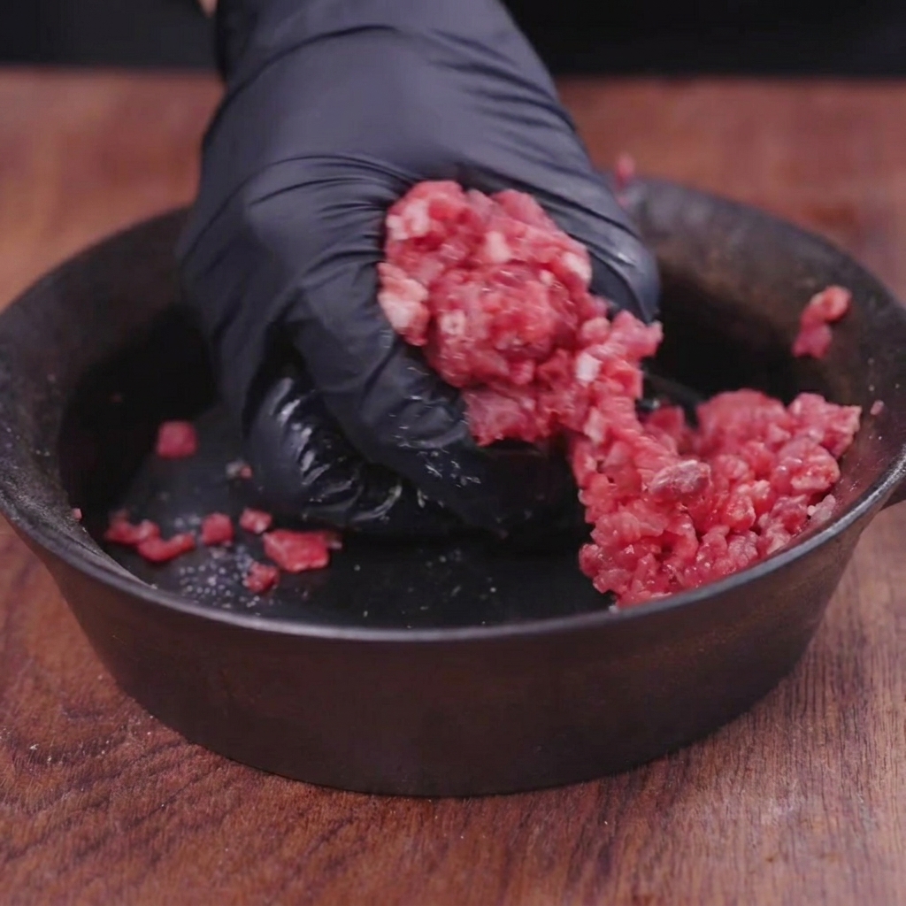 Des mains gantées de noir façonnant de la viande hachée de bœuf crue à lintérieur dun récipient sombre.
