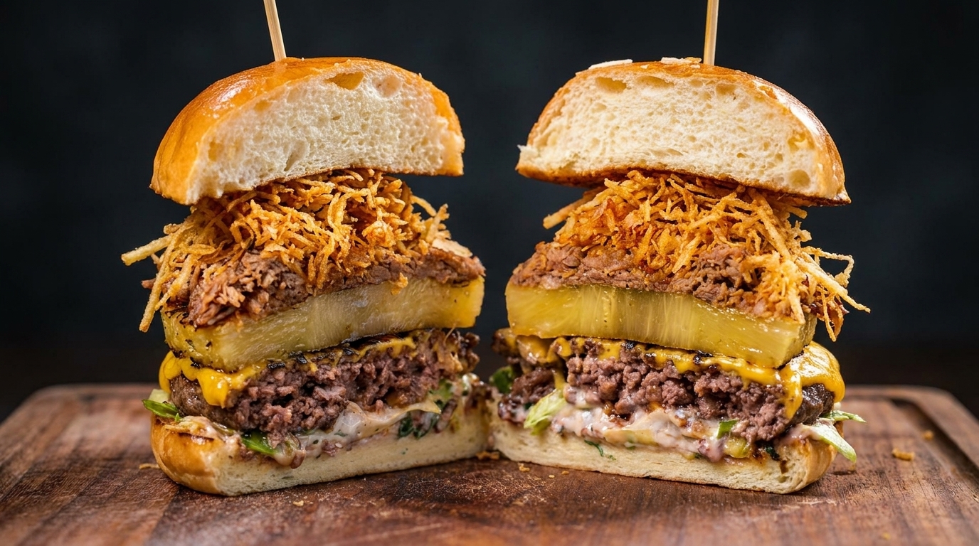 Un burger gourmet américain au pulled pork coupé en deux, dévoilant des couches de bœuf, de fromage fondu, dananas grillé et de pommes de terre croustillantes.