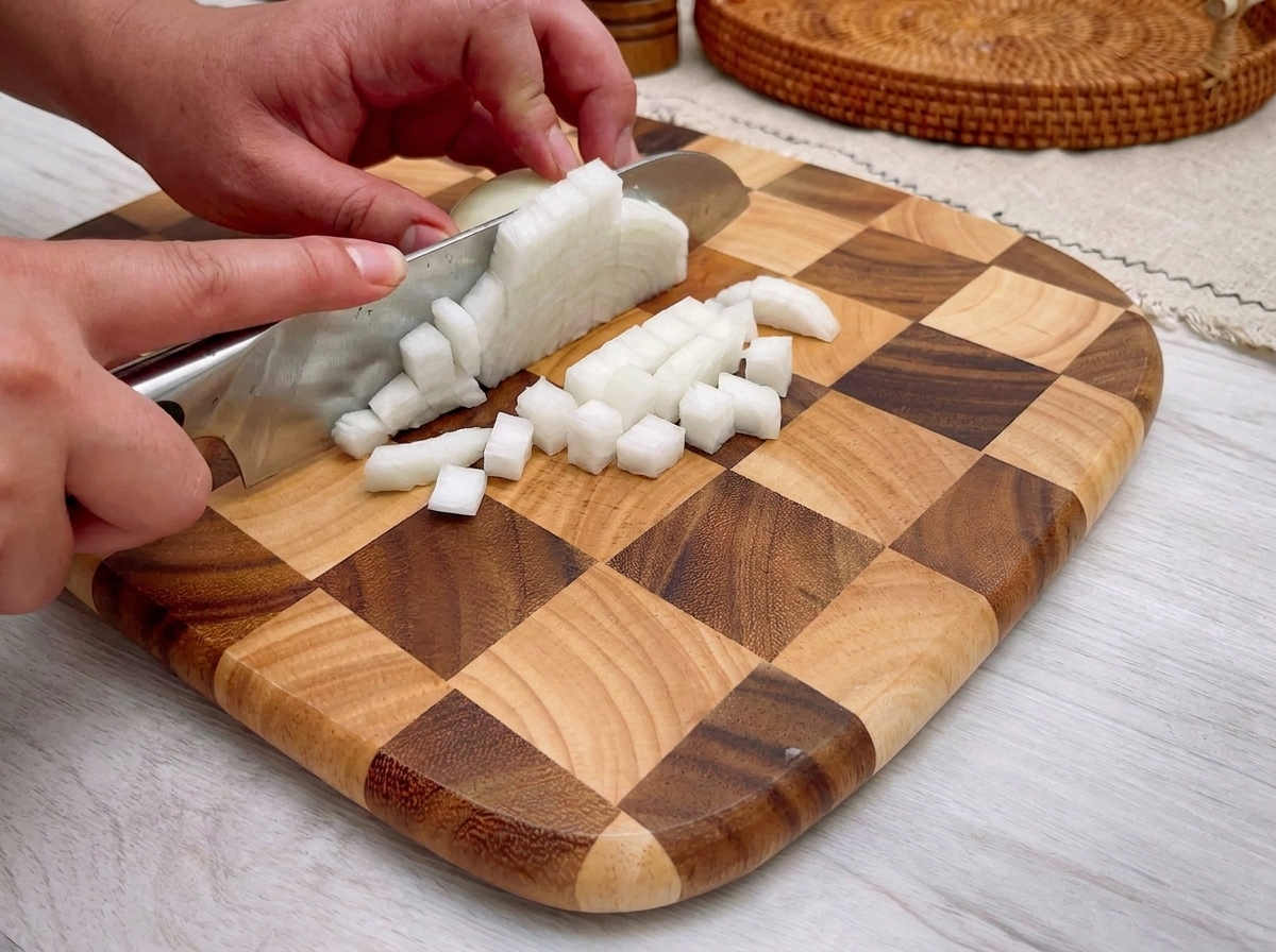 Petits cubes doignon réguliers sur une planche à découper.