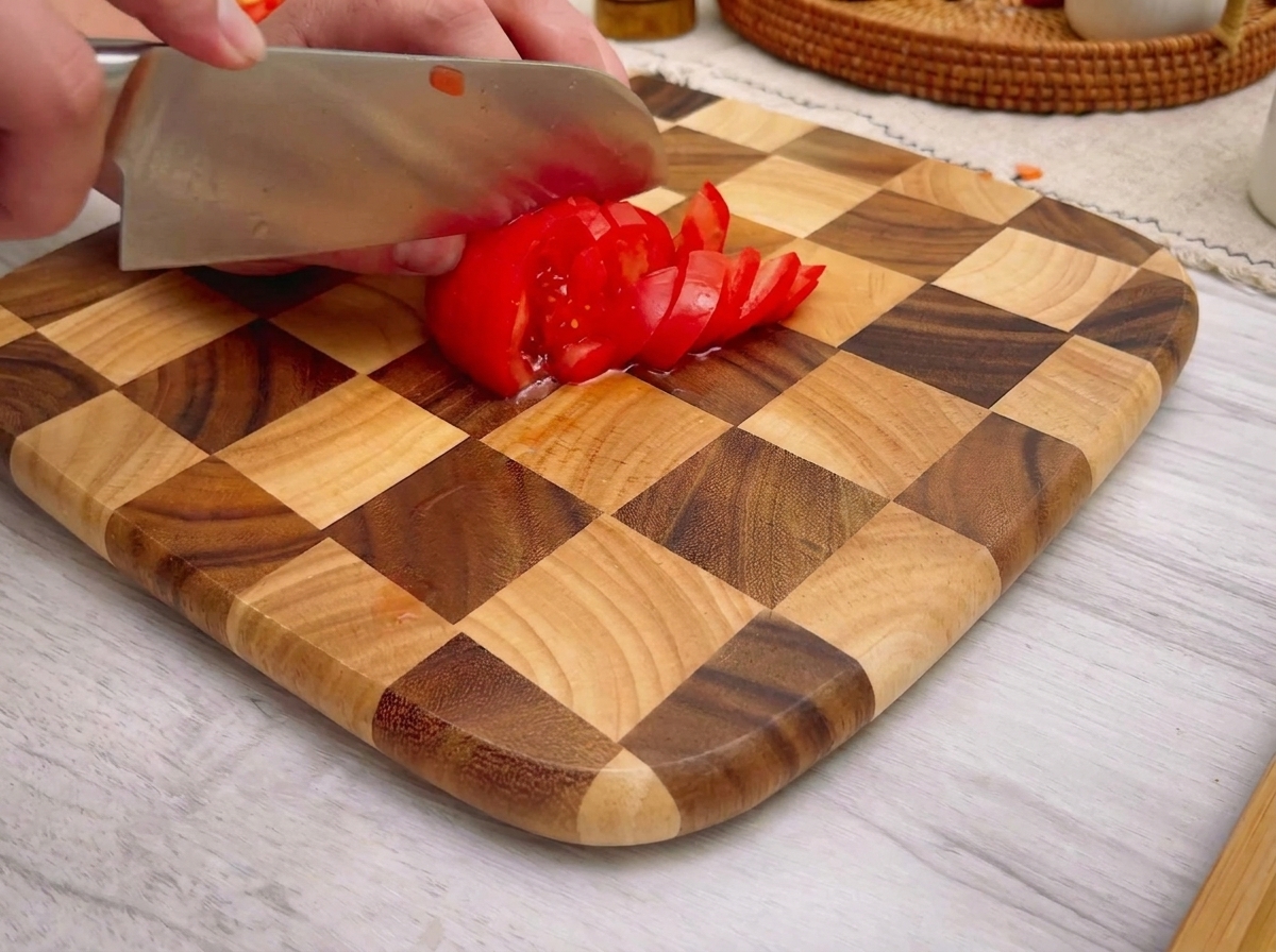 Tranches de tomates fraîches disposées sur une planche.