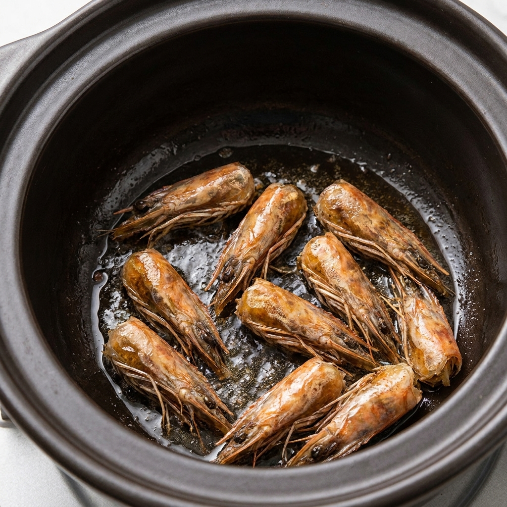 Des têtes de crevettes qui rissolent dans lhuile, colorant intensément le fond.