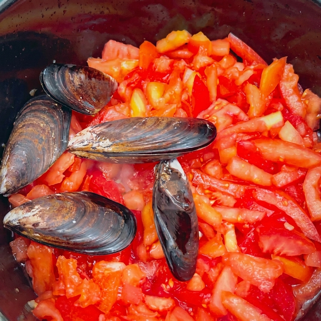 Moules noires entières reposant sur le lit de tomates cuisinées.