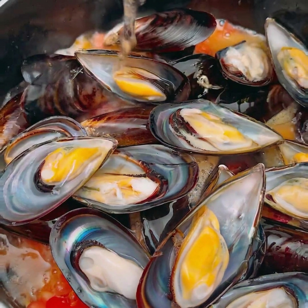 Vin blanc versé sur les moules et les tomates.