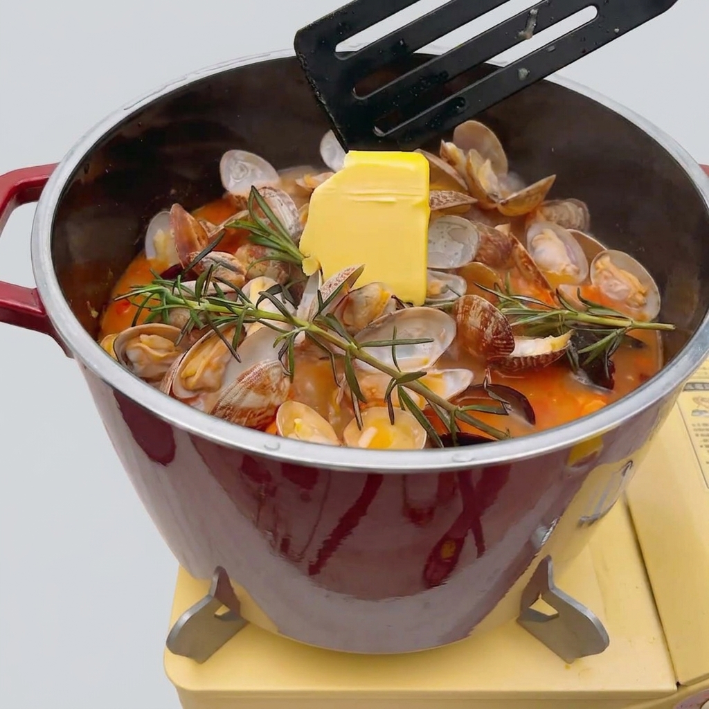 Un cube de beurre fondant dans le bouillon chaud.