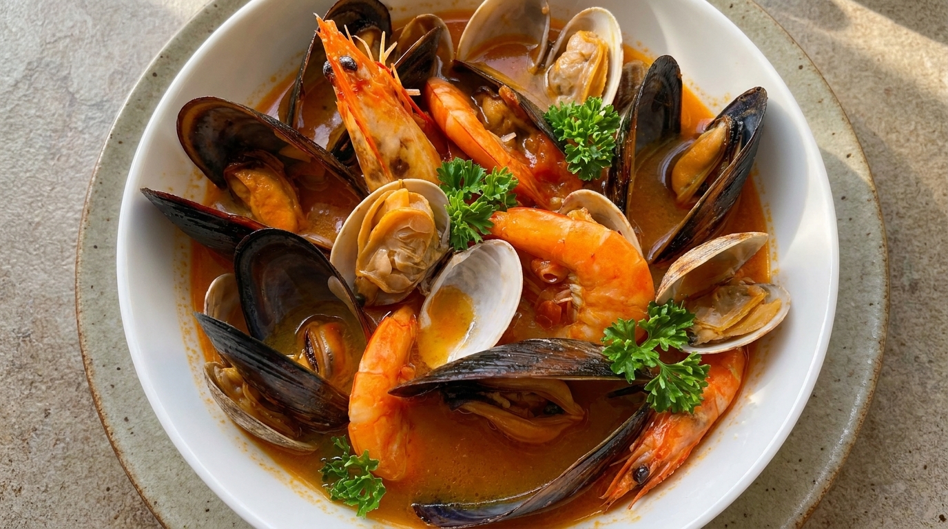 Un bol généreux de soupe de fruits de mer méditerranéenne, garni de crevettes, palourdes et moules dans son bouillon à la tomate.