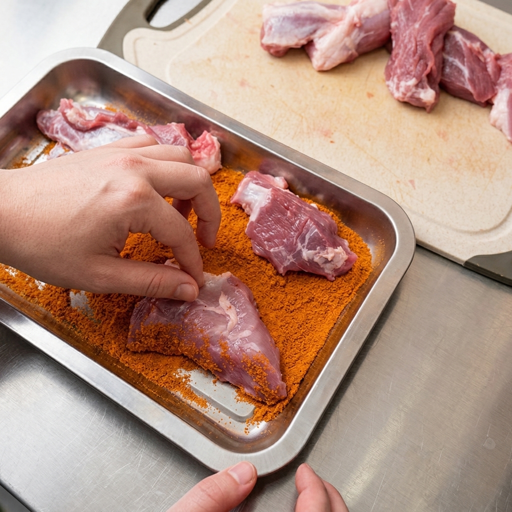 Mains pressant des morceaux de porc crus dans un lit dépices cajun sur un plateau en métal.