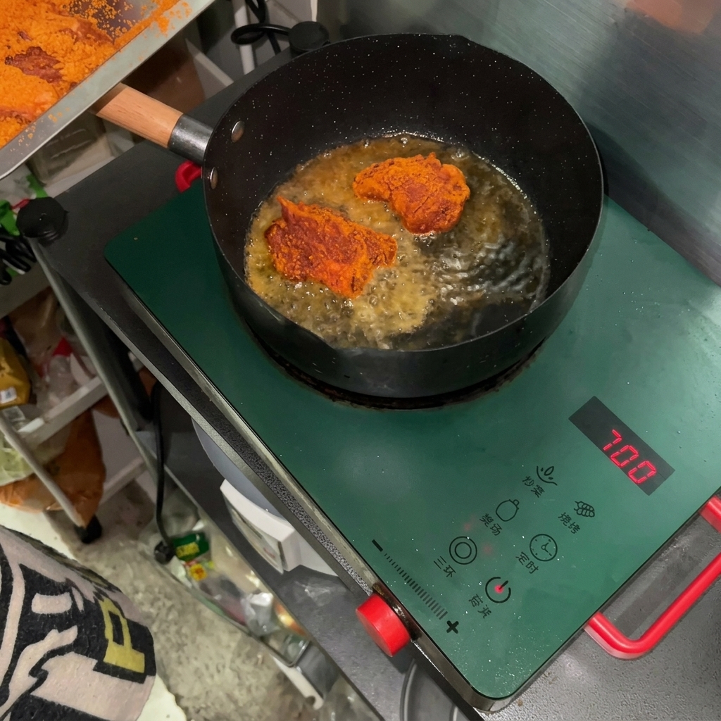 Morceaux de porc aux épices cajun en train de frire dans de lhuile chaude bouillonnante dans une poêle noire sur une plaque à induction.