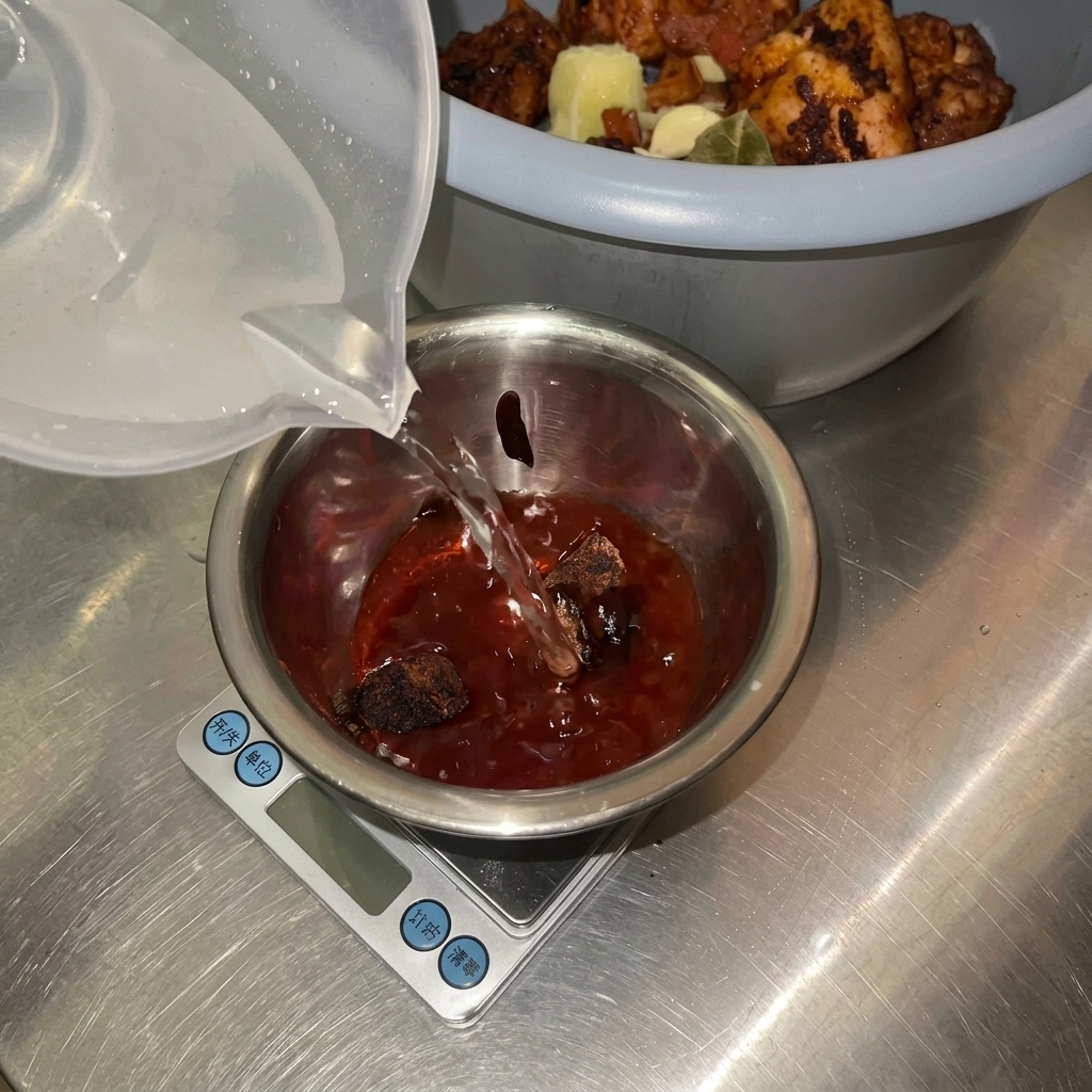 De leau étant versée dans un bol en métal contenant des épices sombres et de la poudre de piment, prêt à être mélangé.
