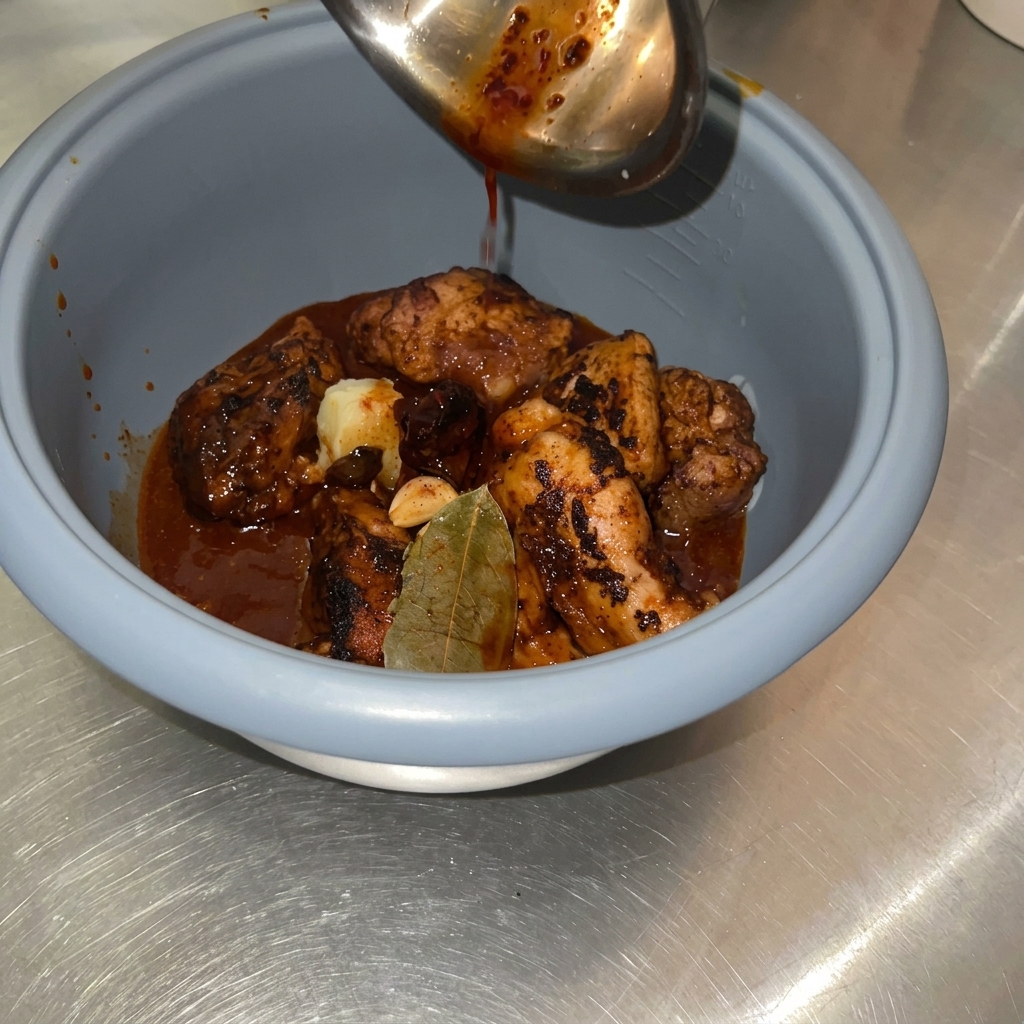 Sauce versée depuis une louche en métal sur les morceaux de porc dorés et les aromates dans une cuve de cuiseur à riz grise.