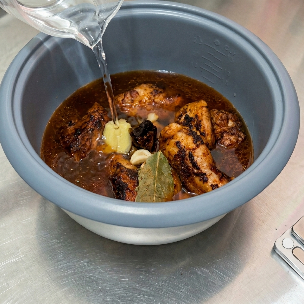 De leau claire versée depuis une tasse à mesurer dans une cuve de cuiseur à riz, submergeant les morceaux de porc, lail et le laurier.